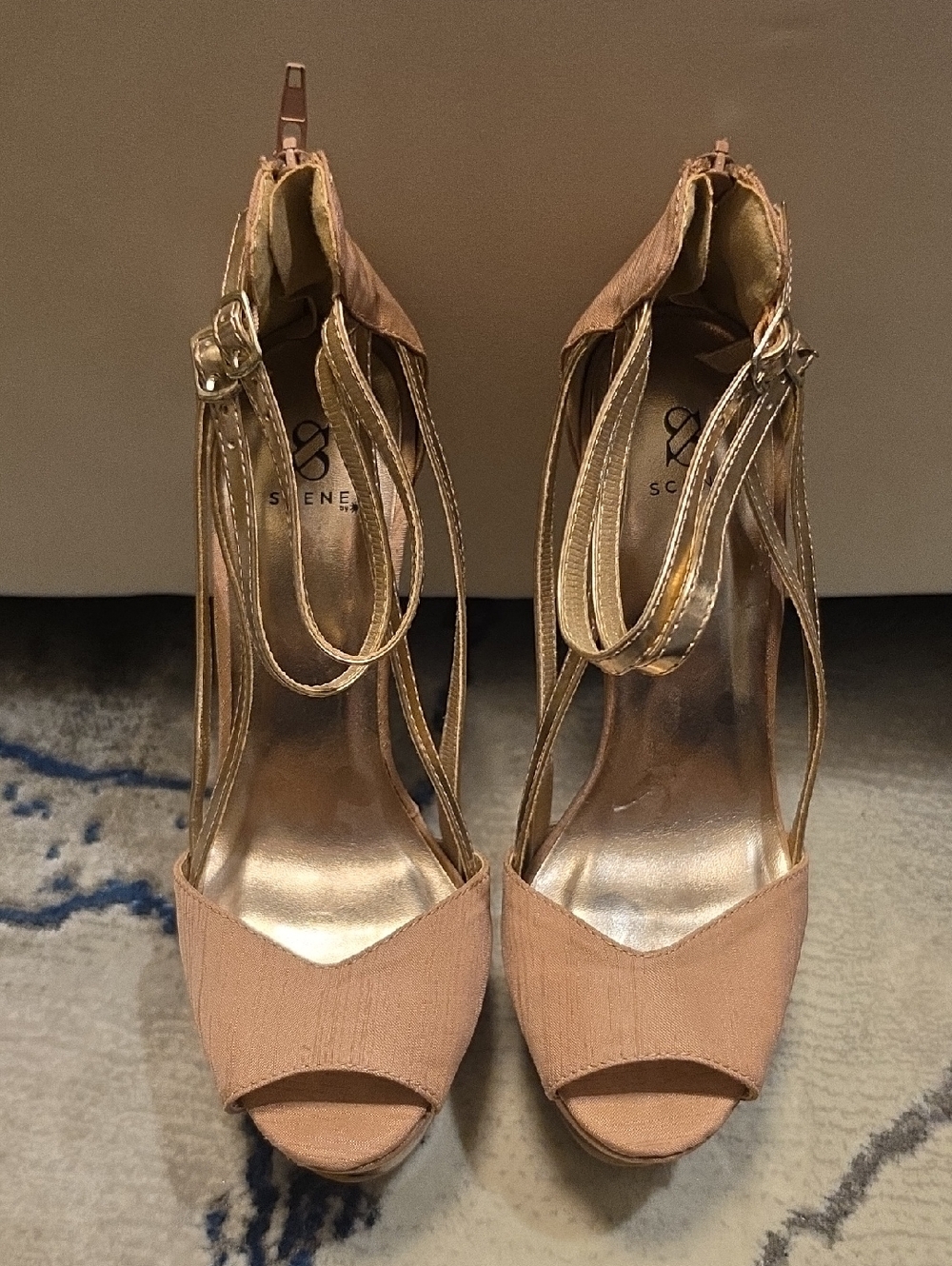 Scenta Blush Peep-Toe Heels with Metallic Gold Ankle Straps